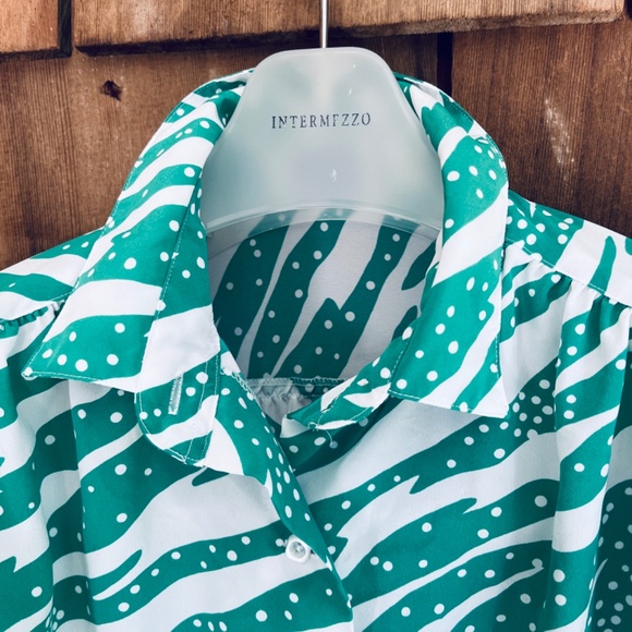 Hooper Associates Vintage 80s 90s Polka Dot Green Stripes Long Sleeve Blouse 16 - Picture 2 of 12